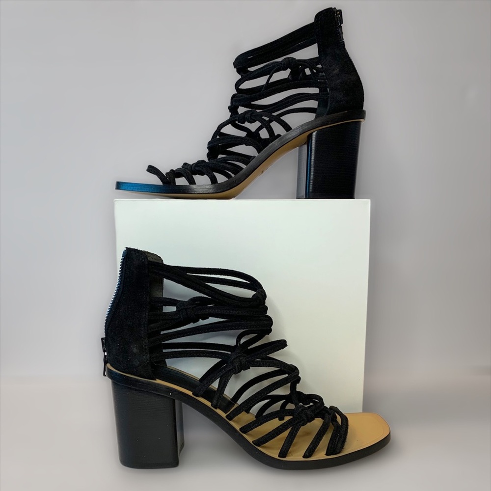 rag & bone Camille Black Suede Leather Strap Block Heel Shoes Sandals size 6.5